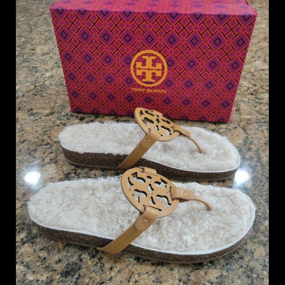 Tory Burch Miller Cloud Shearling Leather Sandal Thongs Shoe Carmel 10 New $268 - Picture 5 of 9